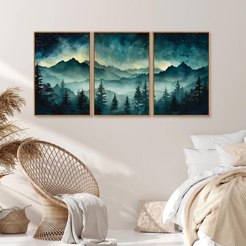 Misty Mountain Framed Canvas Wall Art, Nature Forest Green Pine Tree Wall Decor, Starry Night Art Paintings, Modern
