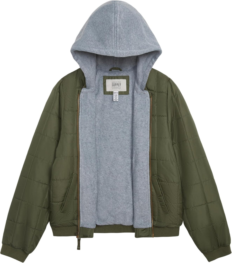 Boys' Midweight Quilted Bomber Jacket With Sweatshirt Hood