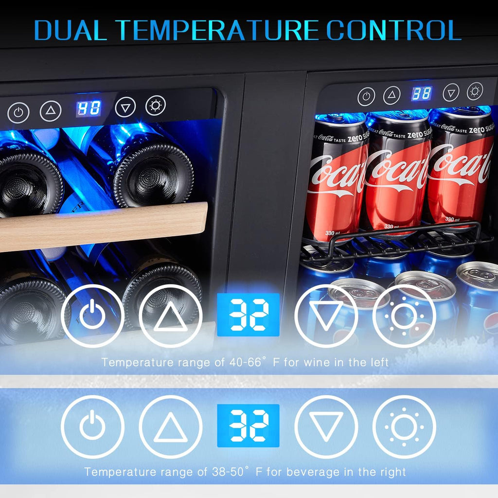 24 Inch Wine and Beverage Fridge, Wine Refrigerator Dual Zone Hold 20 Bottles an