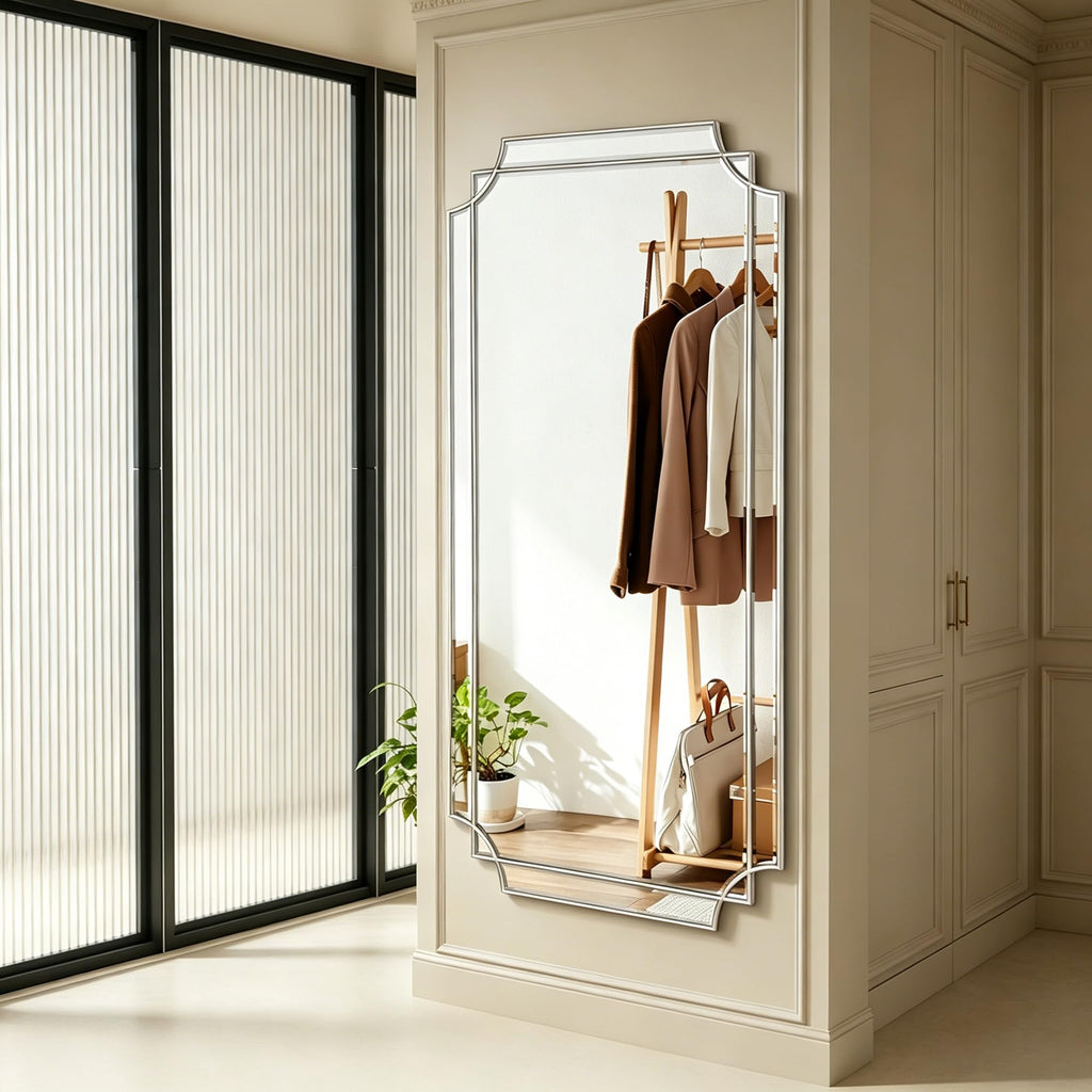 59"x30" Large Geometric Beveled Mirror with Silver Wood Frame