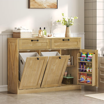 Double Tilt Out Laundry Hamper Cabinet, 43.3" Laundry Cabinet with 2 Removable Baskets, Farmhouse Wooden Hidden Trash