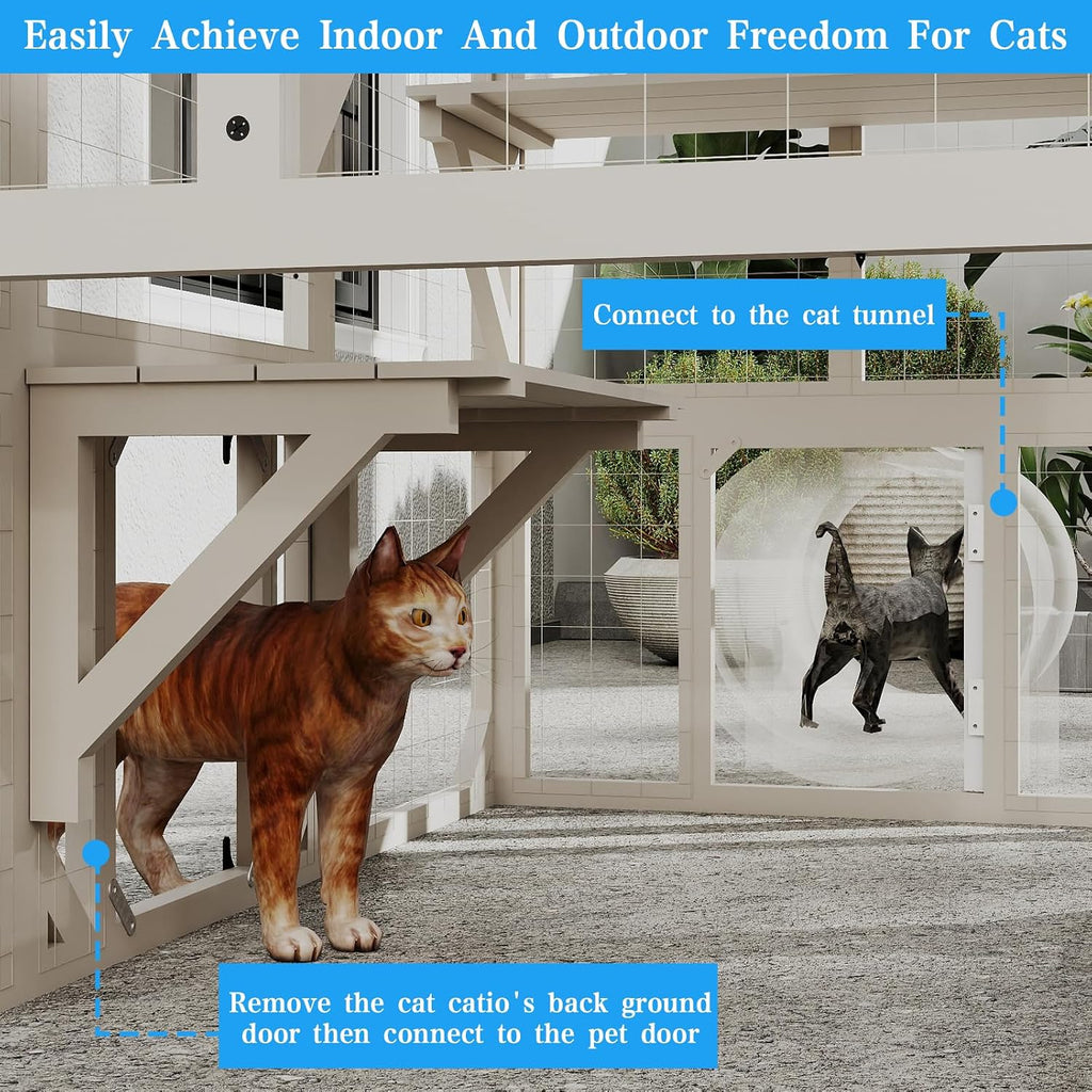 59.06" L Large Catio Outdoor Cat Enclosure, Wooden Window Cat House with 3 Jumping Platforms & Resting Room for Feral
