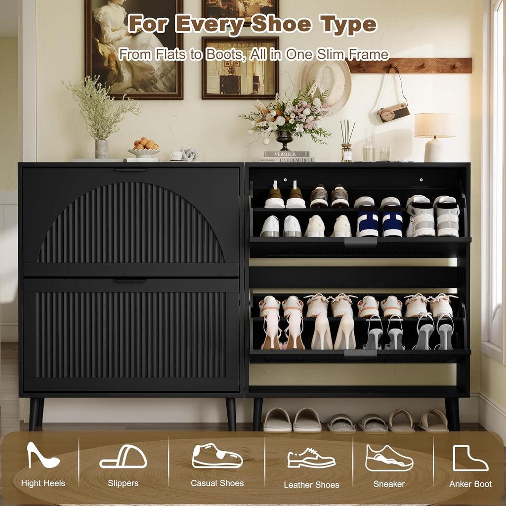 Shoe Storage Cabinet with 2 Flip Drawers, Narrow Wood Shoe Organizer Cabinet with Fluted Panel, Slim Shoe Rack
