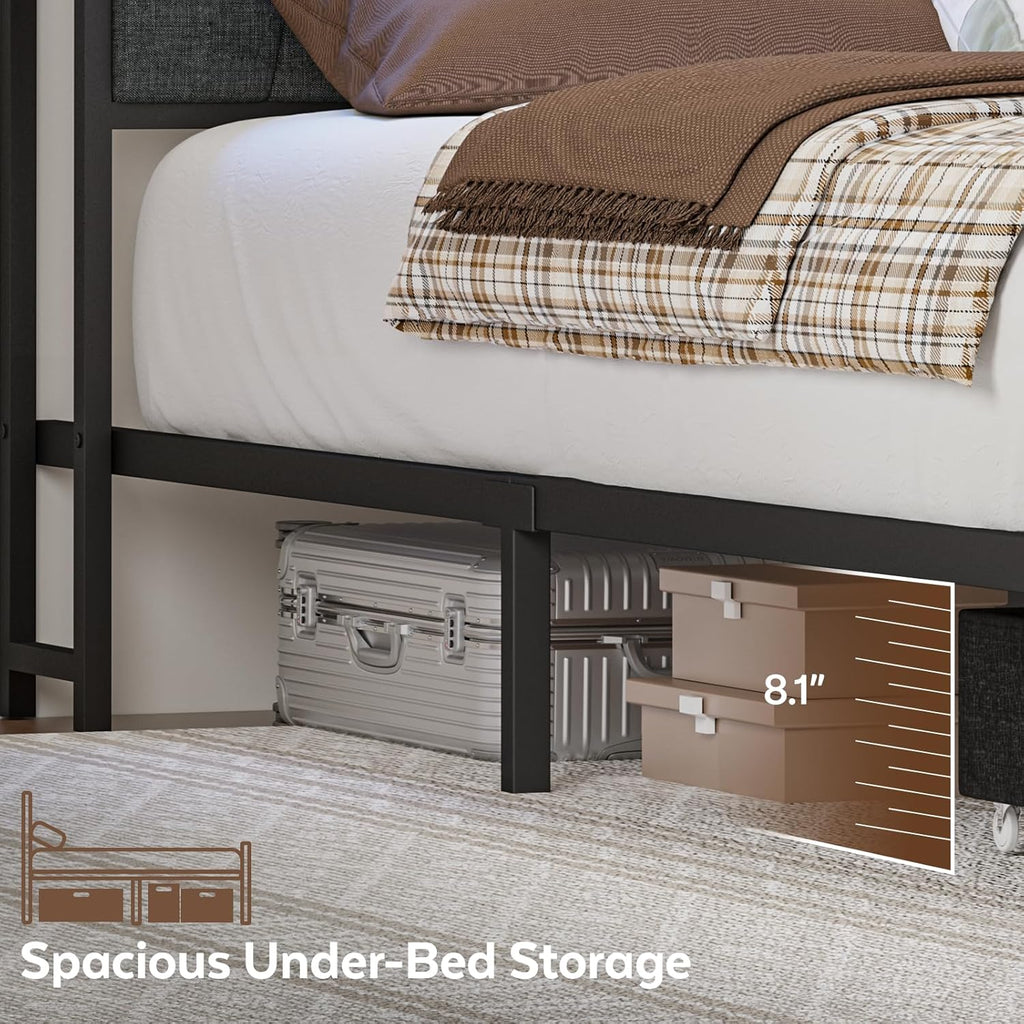 Queen Corner Bed Frame with Storage Drawers, Modern Daybed with LED Lights and Charging Station, Metal Platform Bed
