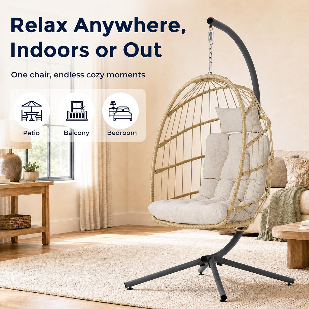 Egg Chair Outdoor with Stand, Indoor Wicker Hanging Egg Swing Chair with Cushion, 370lbs Capacity , Garden - Cream