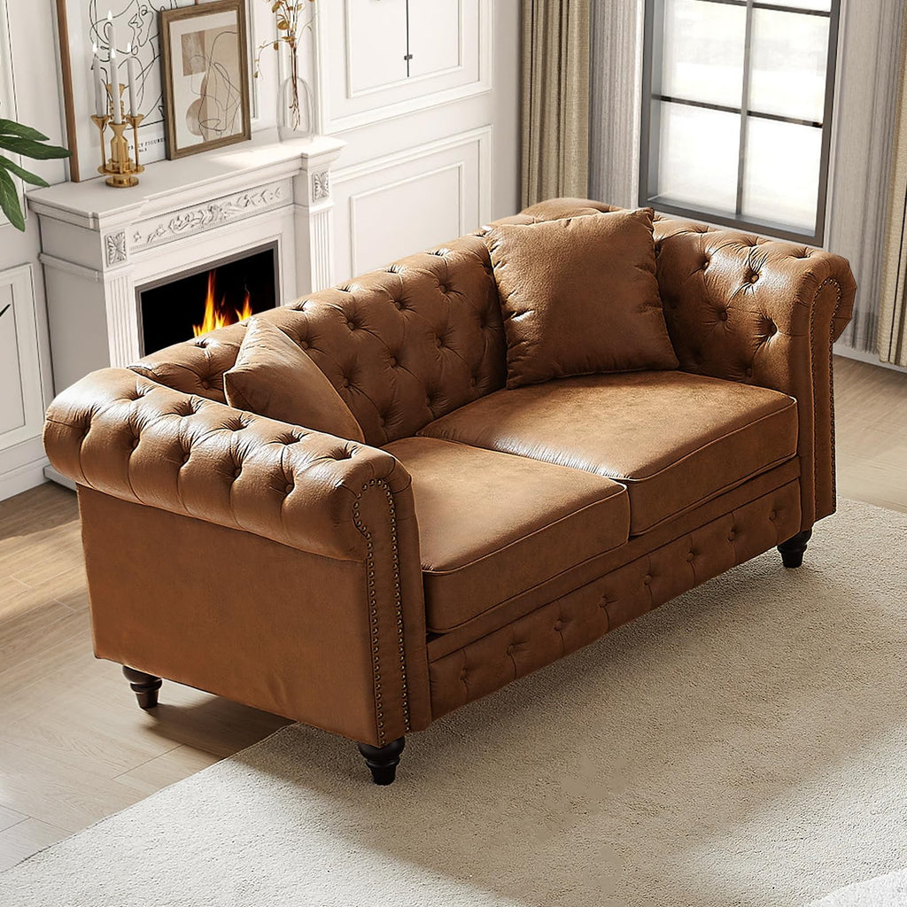 Chesterfield Sofa, Loveseat High-Tech Fabric Couch with Pillows & Button Tufted Back, Mid Century Modern Couch with