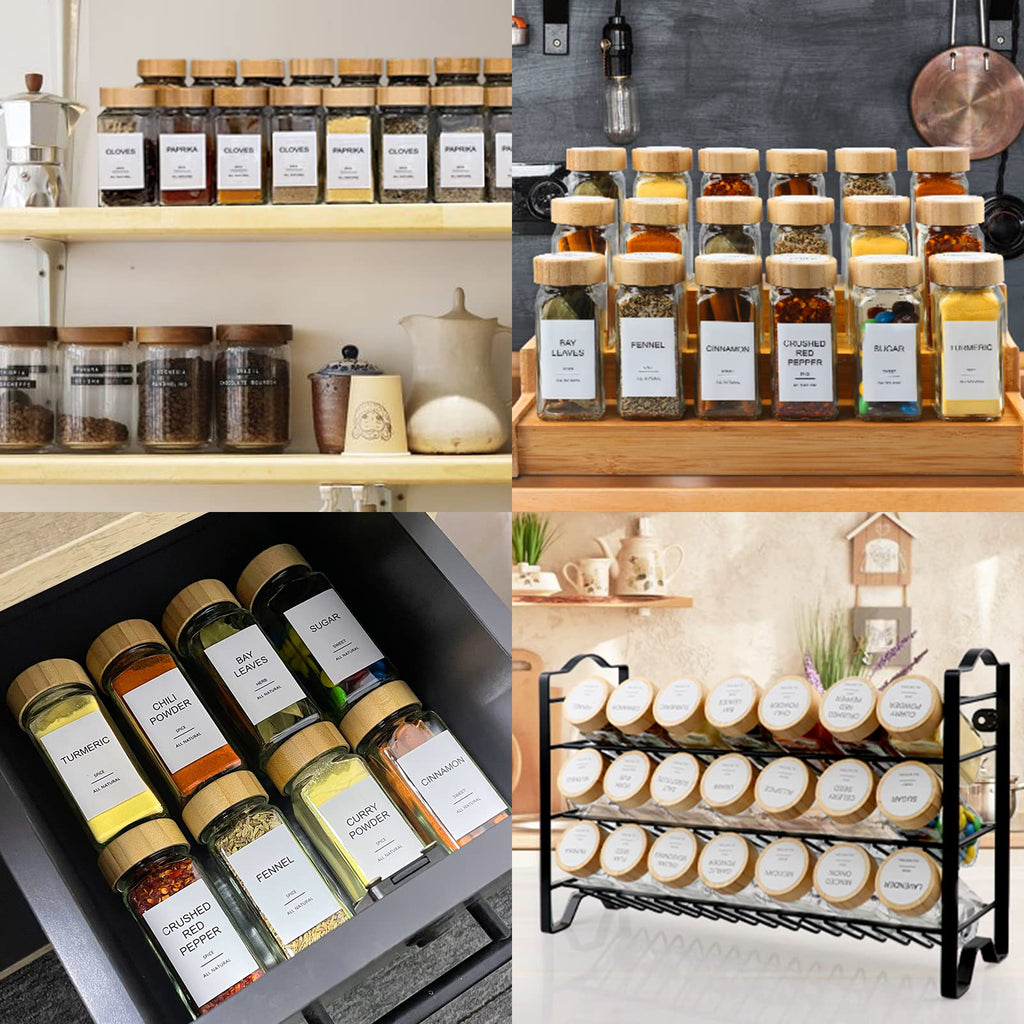 Glass Spice Jars with 398 Labels, 24 pcs 4oz Spice Containers with Bamboo Lids, Square Spice Bottles With Shaker