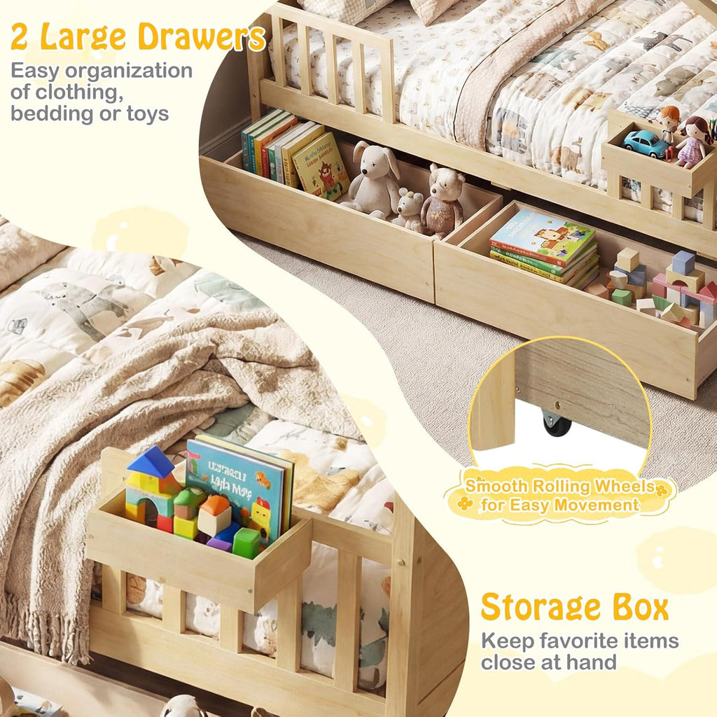 Full Size House Bed for Kids, Full Storage Bed with Roof & Fence Rails, Wood Bed Frame with Storage Box & 2 Rolling