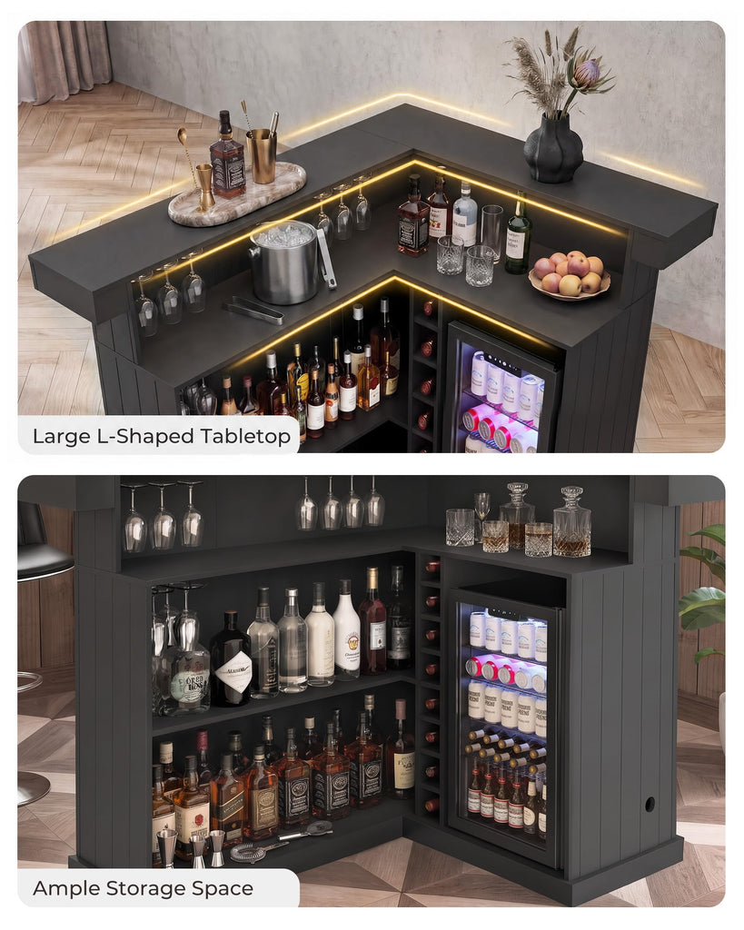67" L Shaped Home Bar Cabinet with Fridge Space, Basement Bar