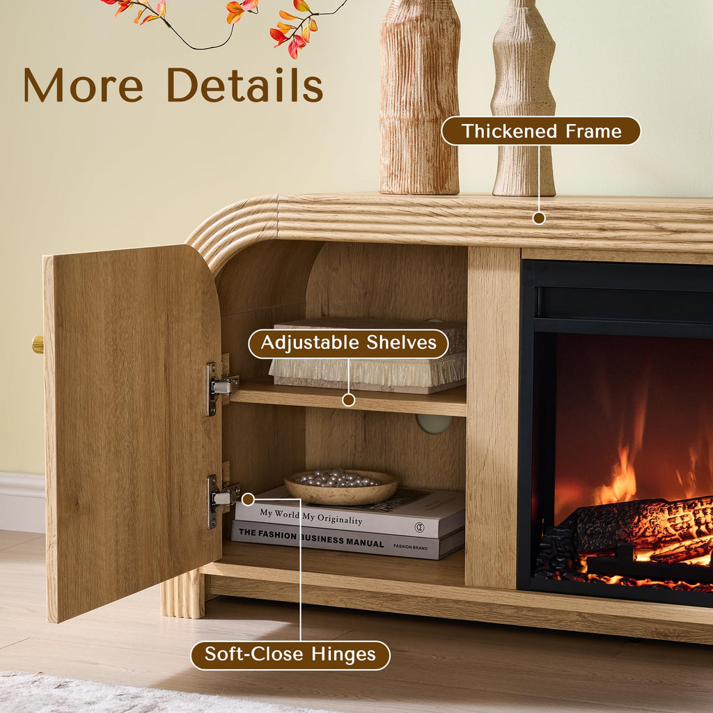 70" Fluted Fireplace TV Stand with Rounded Corner, Natural Oak
