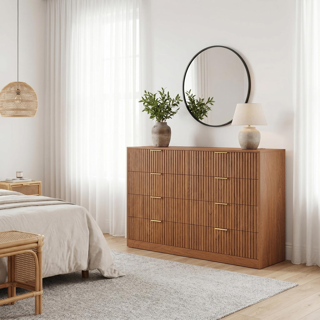 8 Drawer Dresser, 55" Wide Fluted Chest of Drawers with Gold Metal Handles, Modern Wooden Dresser, Closet Storage