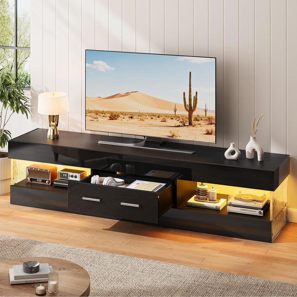 67" Modern TV Stand for TVs 55 to 75 Inch, High Gloss LED Entertainment Center with Stone-Patterned Doors, TV Console