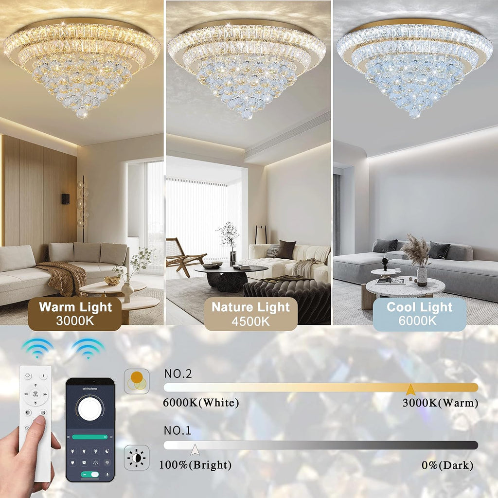 24 inch Crystal Chandeliers With Remote and APP Control, Modern Luxury Flush Mount Gold Chandelier, 3CCT Dimmable