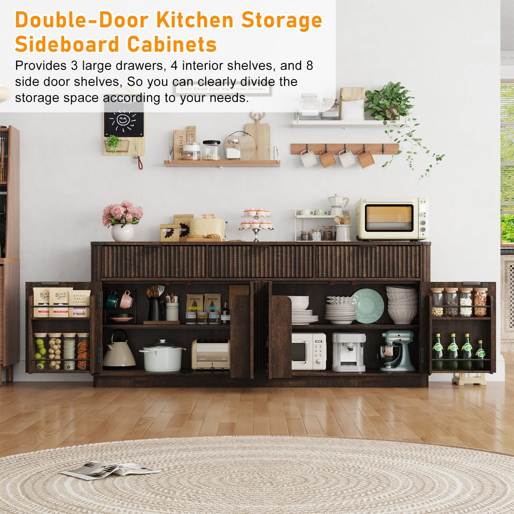 70" Rounded Edge Large Sideboard Buffet Cabinet with 3 Storage Drawers, Farmhouse Kitchen Fluted Sideboard Cabinet w 4