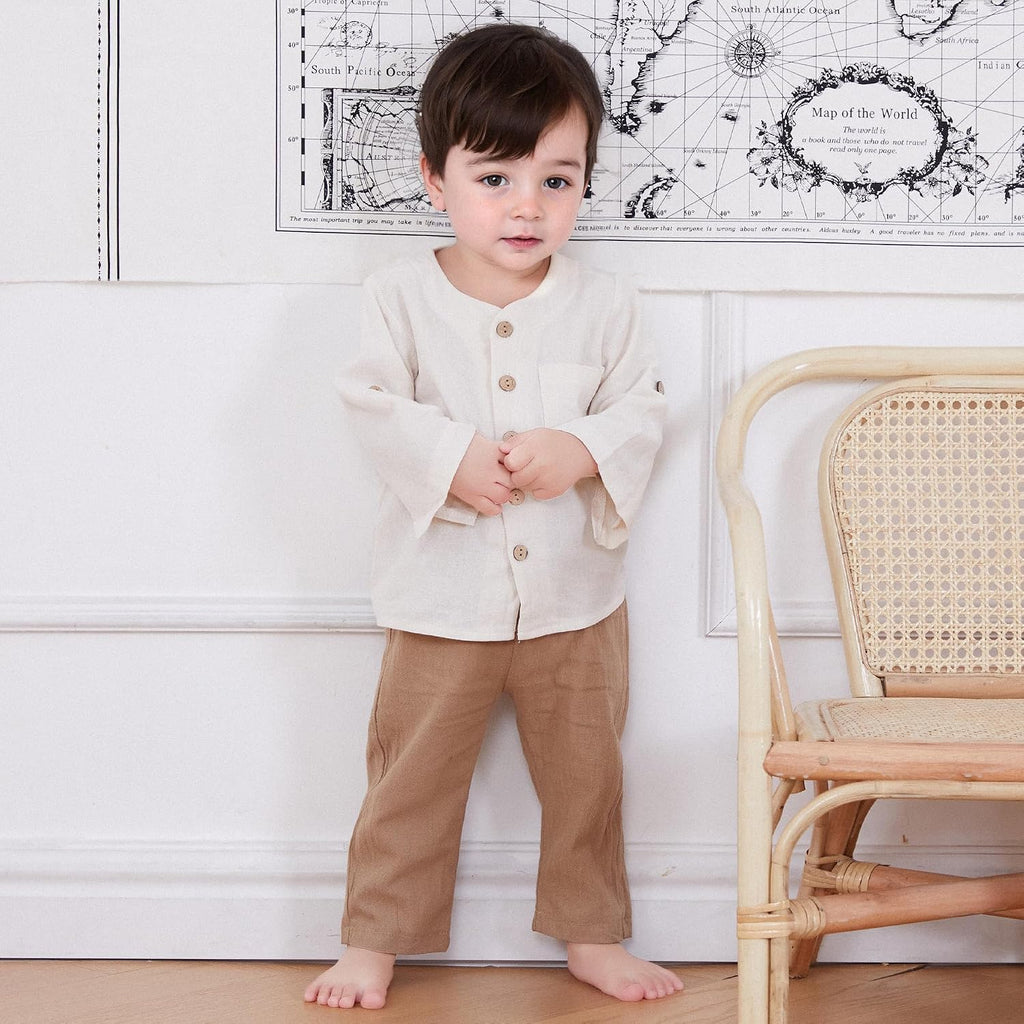Toddler Boy Linen Outfit Baby Boy Fall Winter Clothes Set Button-Down Shirt Tops Cotton Linen Pants 2PCS