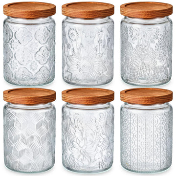 6 Pcs Vintage Glass Jars with Wooden Lids 24 oz Airtight Glass Food Storage Containers Sets Clear Rustic Canisters