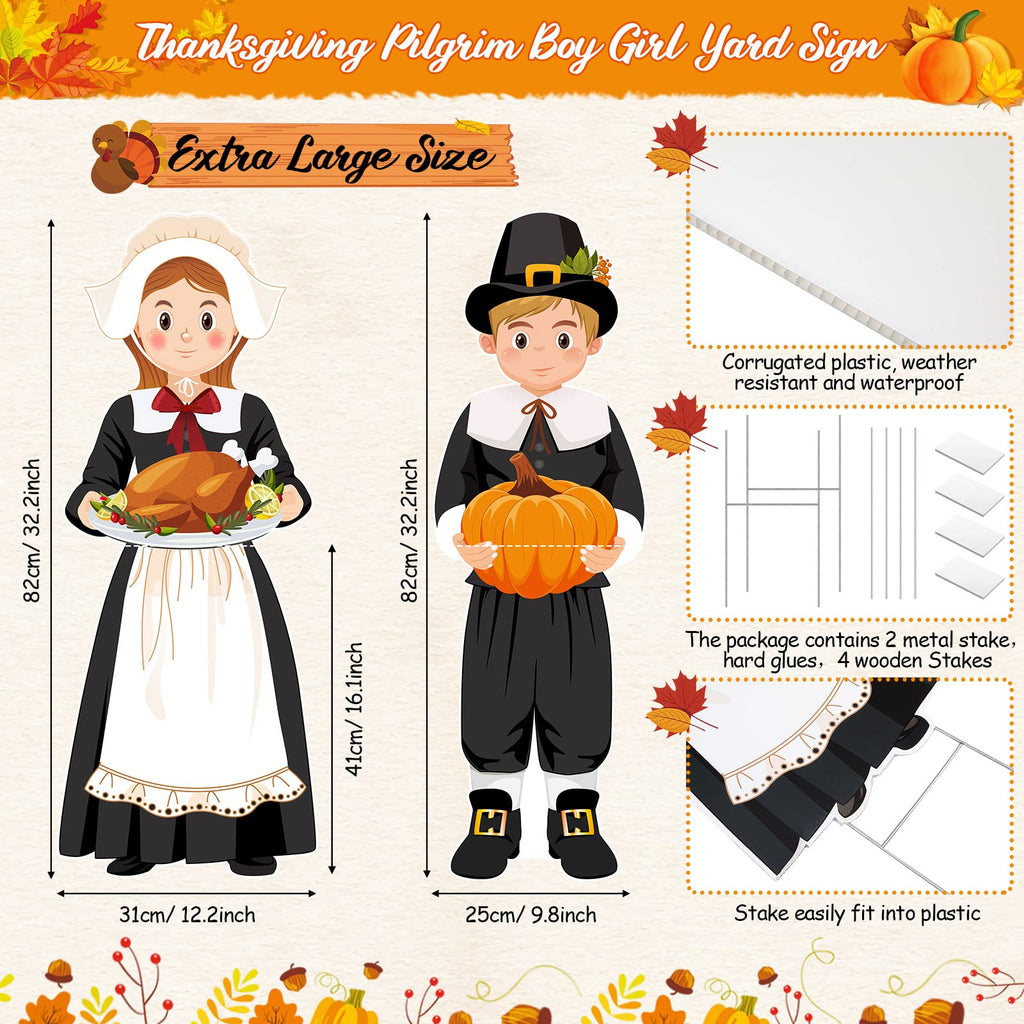 2 Pcs Large Thanksgiving Pilgrim Yard Sign Decor, 33 x 12.6in