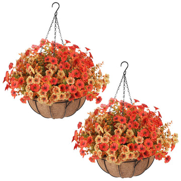 Artificial Fall Hanging Flower Basket 2 Pack, Fake Autumn Floral Planter with Coconut Liner, Indoor Outdoor Porch