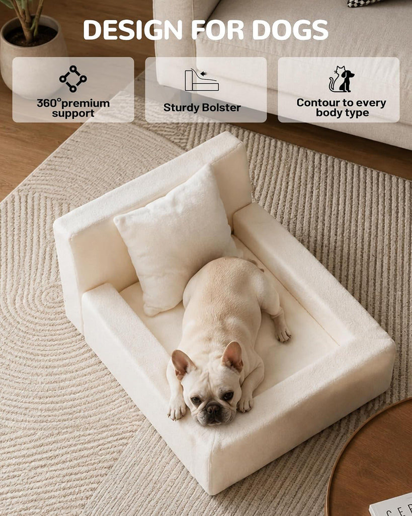 Boucle Dog Bed with Pillow, Furniture Style Dog Couch with Backrest, Washable Calming Pet Sofa Lounge for Small