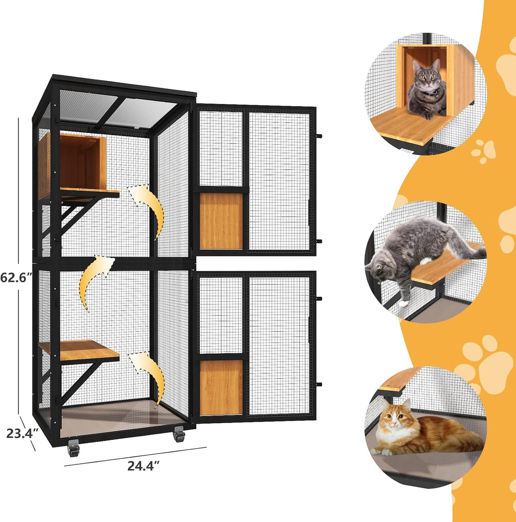 4 Tiers Catio Outdoor Cat Enclosure, Indoor Cat House with 4 Wheels, Black