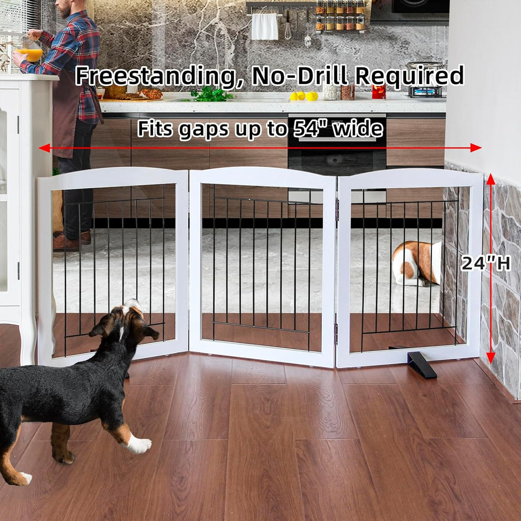 Freestanding Dog Fence Indoor, Foldable Dog Gate for Doorways, Stairs or Hallways, Sturdy Wood Extra Wide Pet Gate