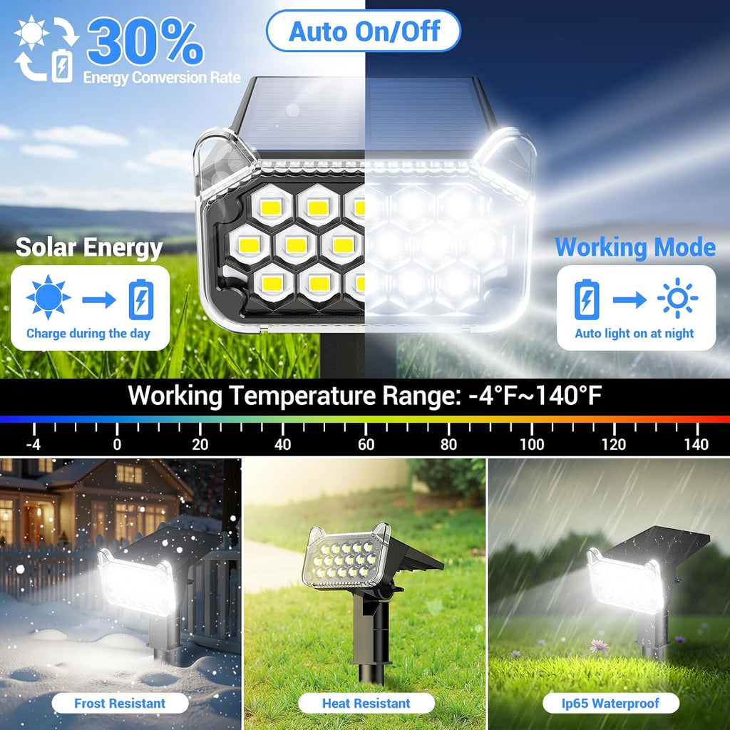 Spot Lights Outdoor Waterproof IP65, Super Bright LEDs with Lens, 6500K 2 Lighting Modes, 2 in 1 Auto On/Off Solar