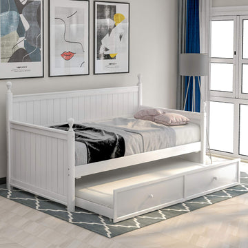 Twin Daybed with a Trundle, Modern Style Wood Daybed Frame Trundle Daybed Twin Size, No Box Spring Needed