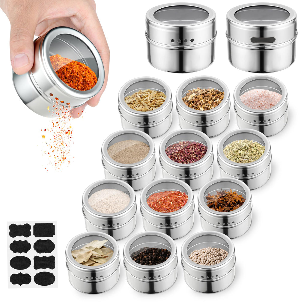 12pcs Stainless Steel Spice Jars, Magnetic Condiment Tins Magnetic Spice Jar With Clear Lid And Holes Sift&Pour