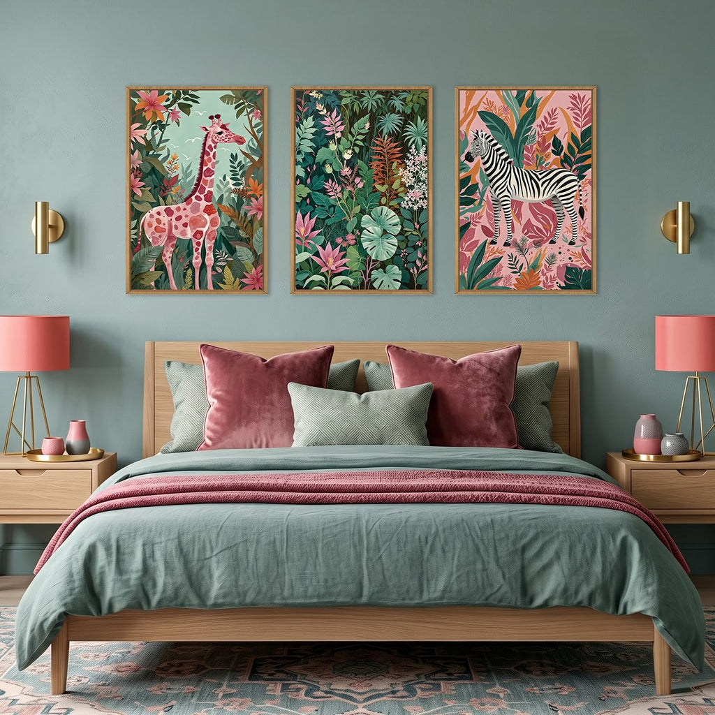 Boho Sage Green Pink Giraffe Zebra Jungle Framed Canvas Wall Art Set, Natural Safari Tropical Wildlife Wall Decor