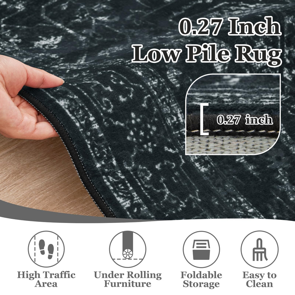 Black White Small Round Washable Rug 4ft Entryway, Kitchen Bathroom Thin Circle Rug 4 Feet Non Slip, Contemporary