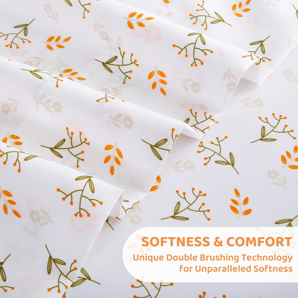 Cozy Floral Orange Microfiber Printed Full Sheet Set