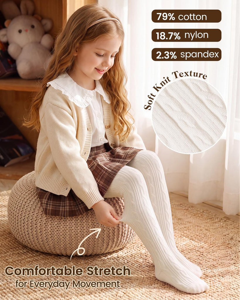 3 Pack Girls Cable Knit Cotton Warm Tights for Kids