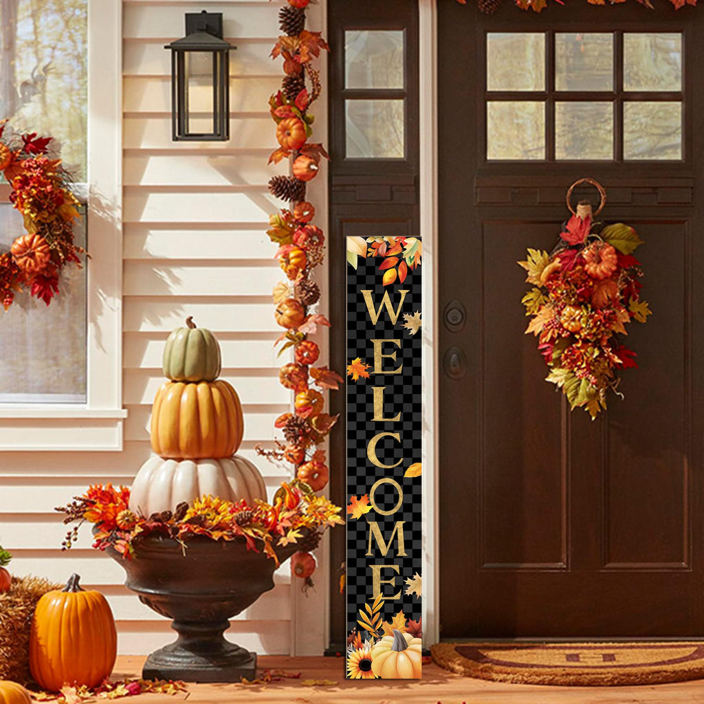 Fall Wooden Porch Sign 47" Autumn Pumpkin Maple Leaf Front Door Welcome Sign Vertical Standing Sign For Garden Home