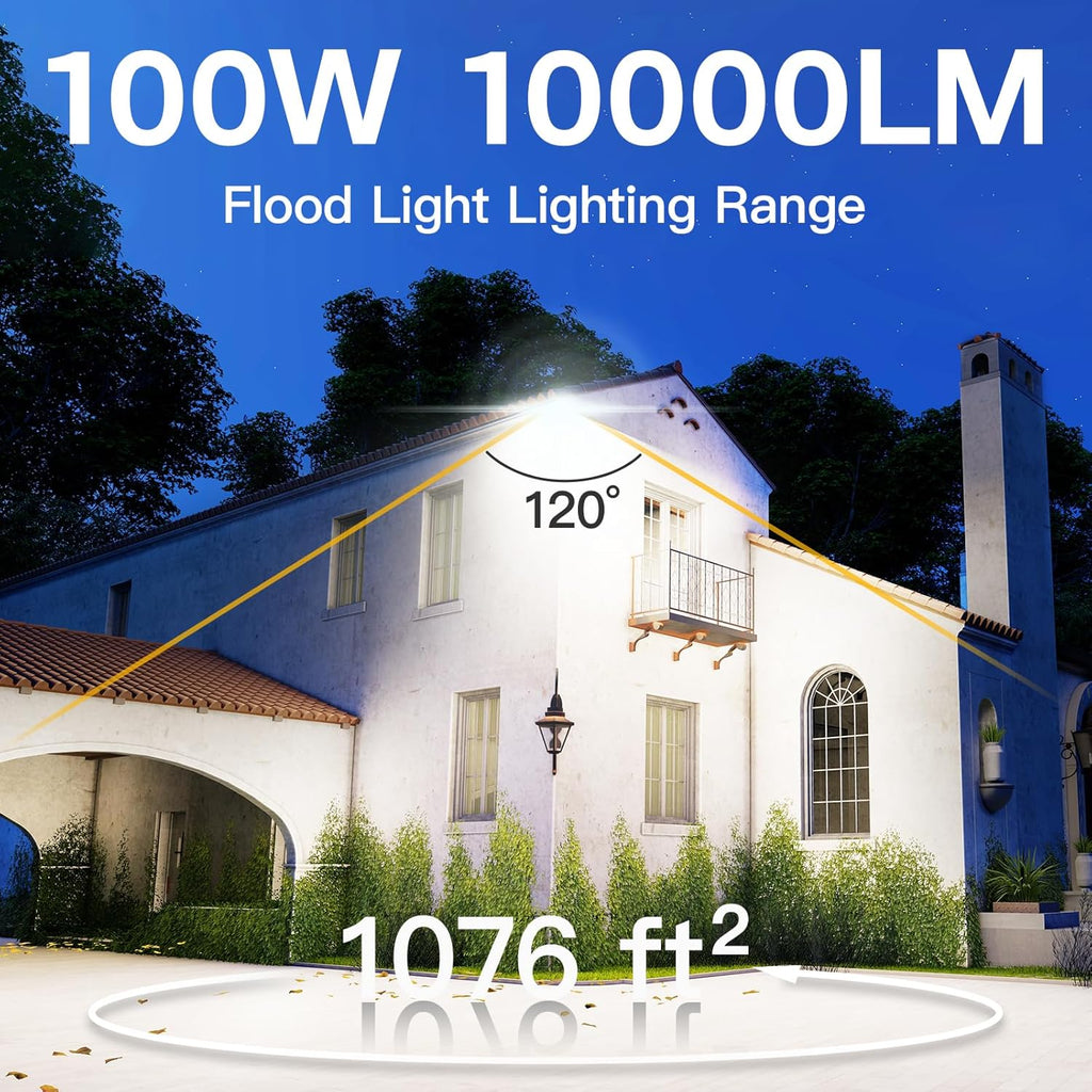 2 Pack LED Flood Lights Outdoor, 100W 10000LM Super Bright Floodlight Outside Work Light with 5.9FT Plug, IP65