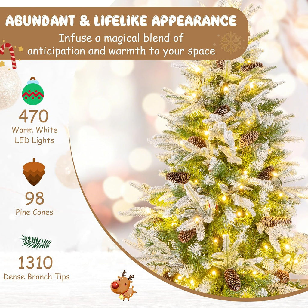 9 FT Pre-Lit Pencil Christmas Tree Snow Flocked, Slim Artificial Xmas Tree with 1310 Branch Tips, 470 LED Lights, 98
