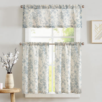 Floral Kitchen Curtains Set Linen Tier Curtains and Valance Farmhouse Drapes for Small Windows 36 Inch Length for