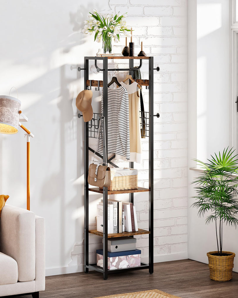 Coat Rack with Shelves, Freestanding Hall Tree, Coat Tree with 16 Hooks and Hanging Rail, Industrial Clothes Stand