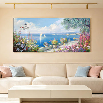 Oversized French Coastal Flower Sailboat Canvas Wall Art Framed Pastel
