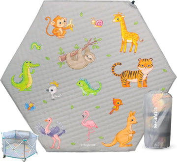 Self Inflating Hexagon Playpen Mat 52" x 45" for Infants and Toddlers - Baby Crawling Mat - Safari