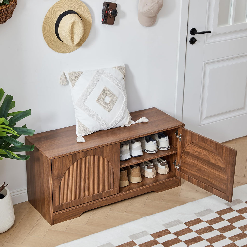 39.4" Fluted 2 Tier Shoe Storage Bench with Shelf