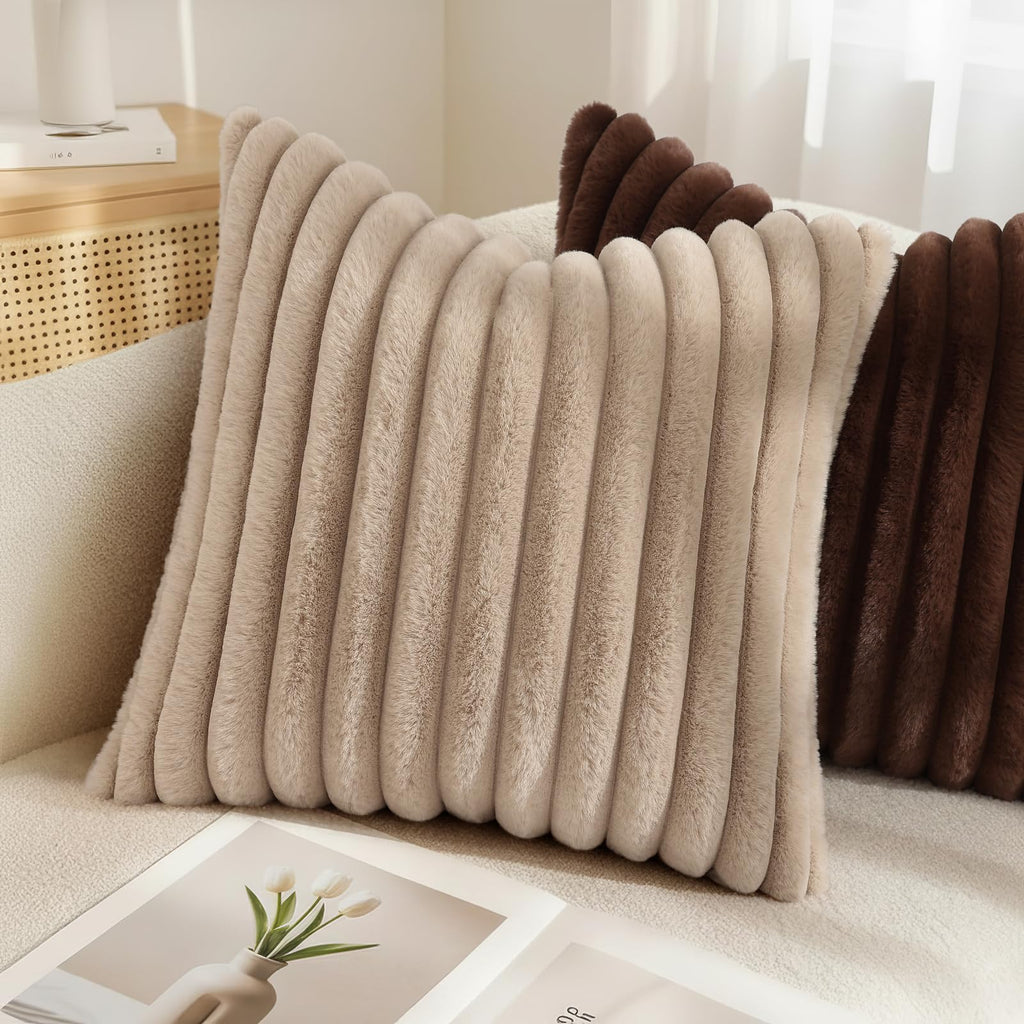 Fall Faux Fur Throw Pillow Covers 12x20 Set of 2 Dark Brown