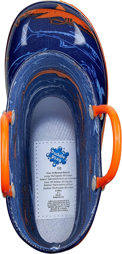 Toddler and Kids Waterproof PVC Rain Boots with Easy-On Handles - Lightweight Slip-Resistant Outdoor Boots for Boys