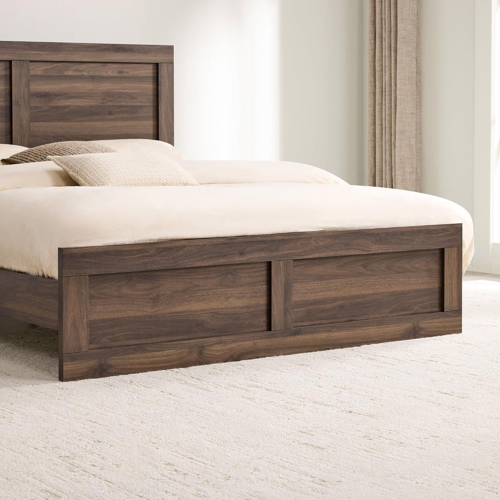 Wood Bed Frame with Headboard and Footboard, Walnut, Queen