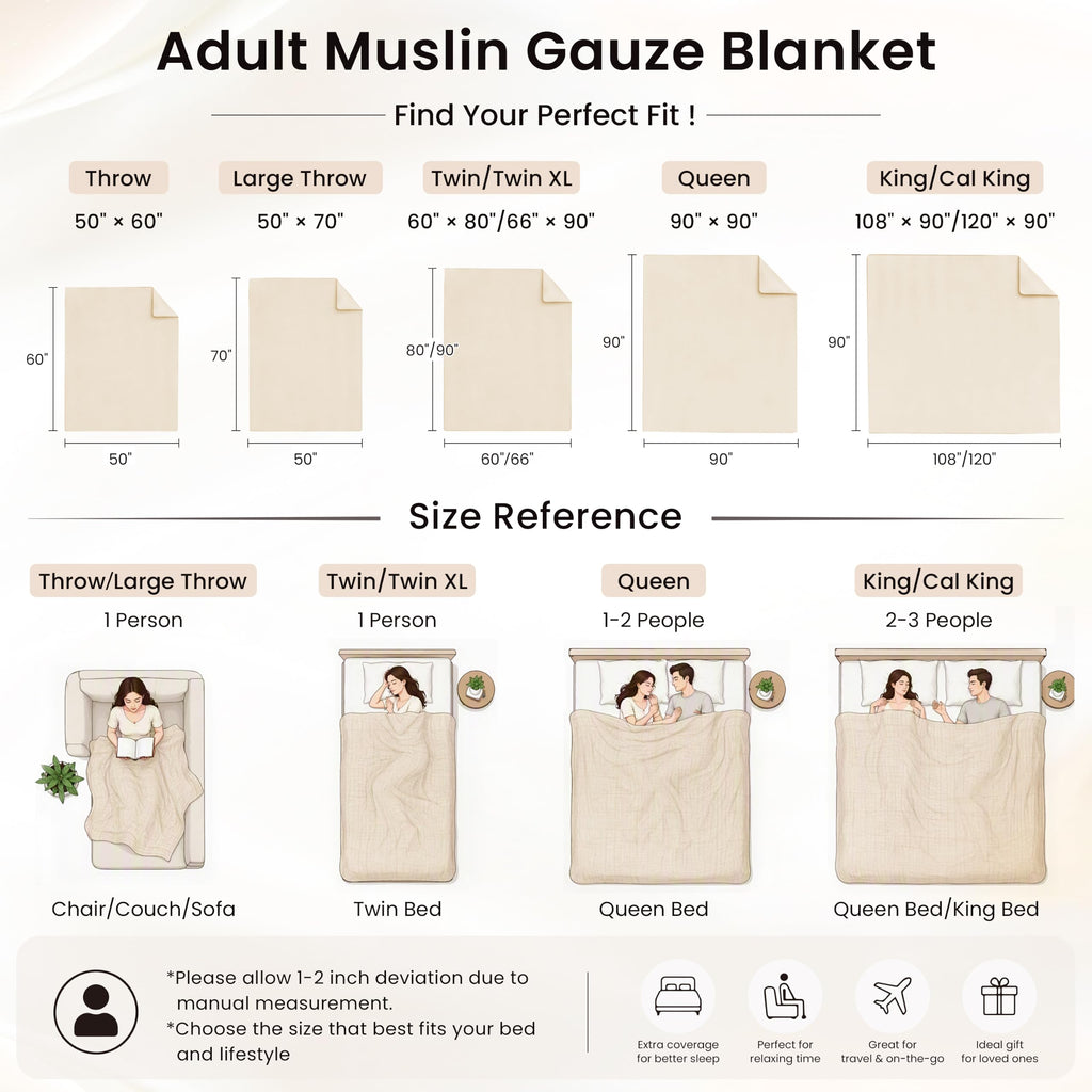 100% Cotton Muslin Blanket King Size for Bed, Beige