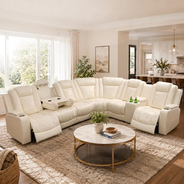 Power Reclining Sectional Sofa, Modern L-Shaped Air Leather Sectional Couch Set, Recliner Sofa Set, with LED Lights, Cup