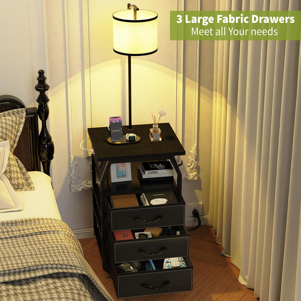 Floor Lamp with Table Set 2, End Table with Light & Charging, Black