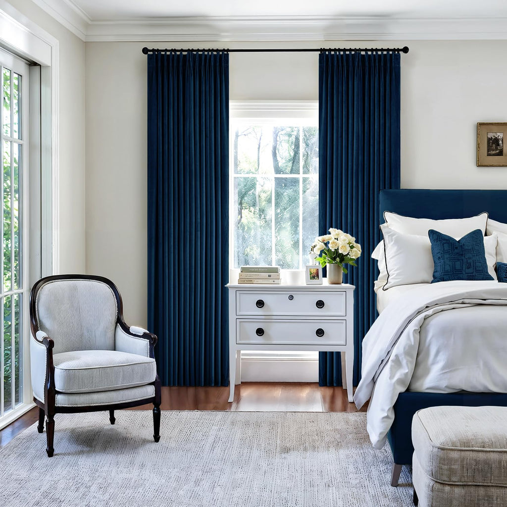 Velvet Pinch Pleated Blackout Navy Blue Curtains 40x96 Inches