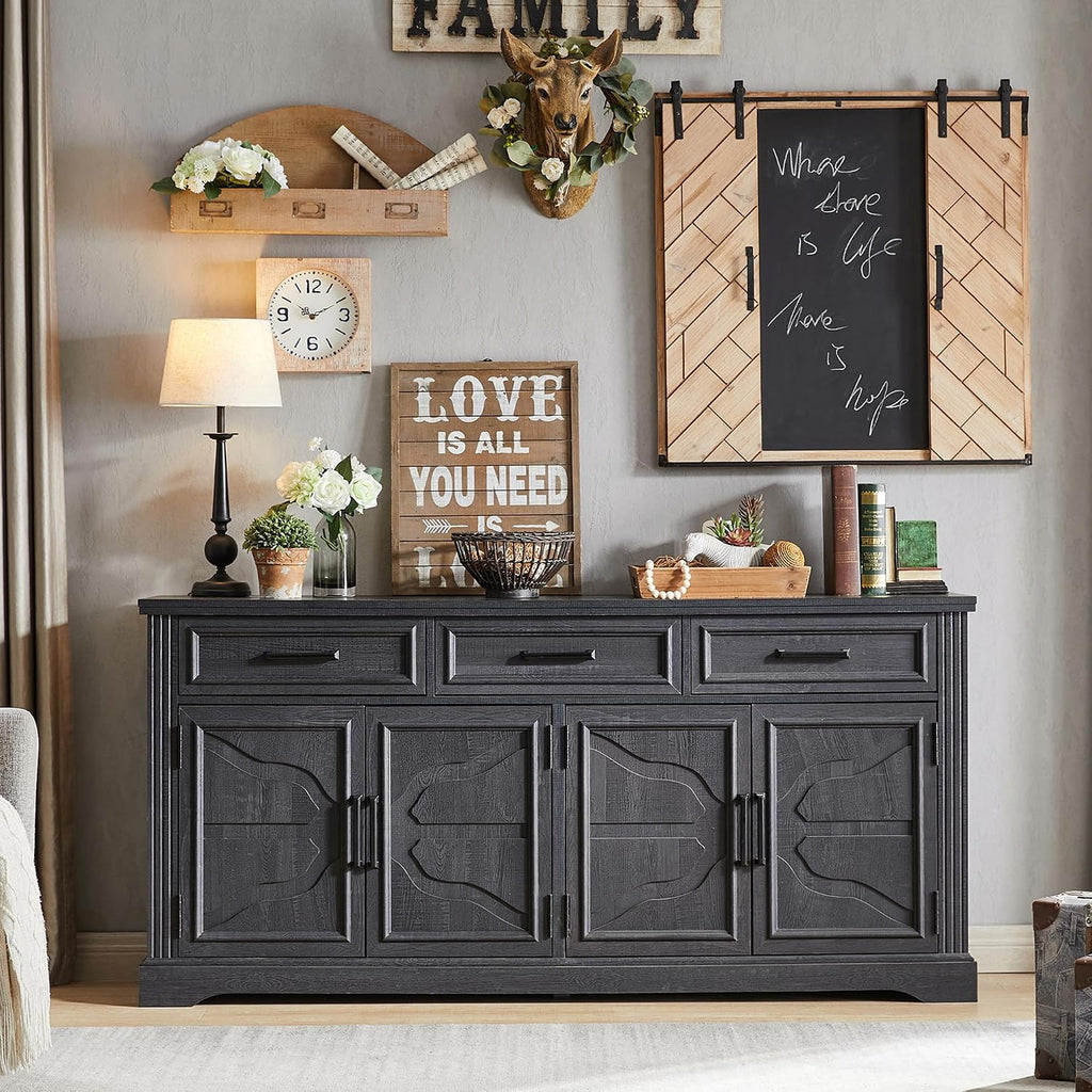 66" Farmhouse Buffet Cabinet with Storage, Sideboard Credenza, Carved Cloud-Inspired Doors, 3 Drawers & Adjustable