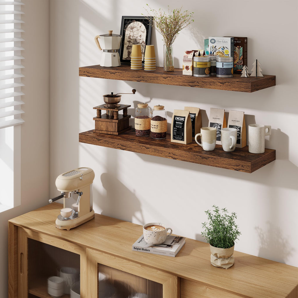 Floating Shelves Set of 3, 40 Inch Long Wooden Wall Shelves, 10 Inch Deep Wall Mounted Storage Shelf with Metal