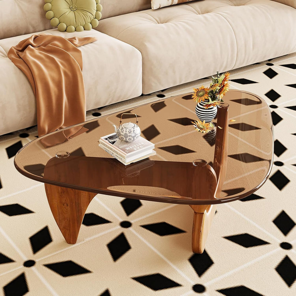 Coffee Table Mid Century Modern Center Table with Glass Top and Wood, Brown/Walnut